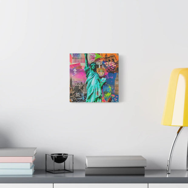 Vibrant New York Collage Matte Canvas – Statue of Liberty Pop Art LavenderCeleste