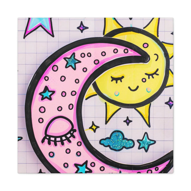 Kawaii Sun and Moon Doodle Matte Canvas Art Print LavenderCeleste