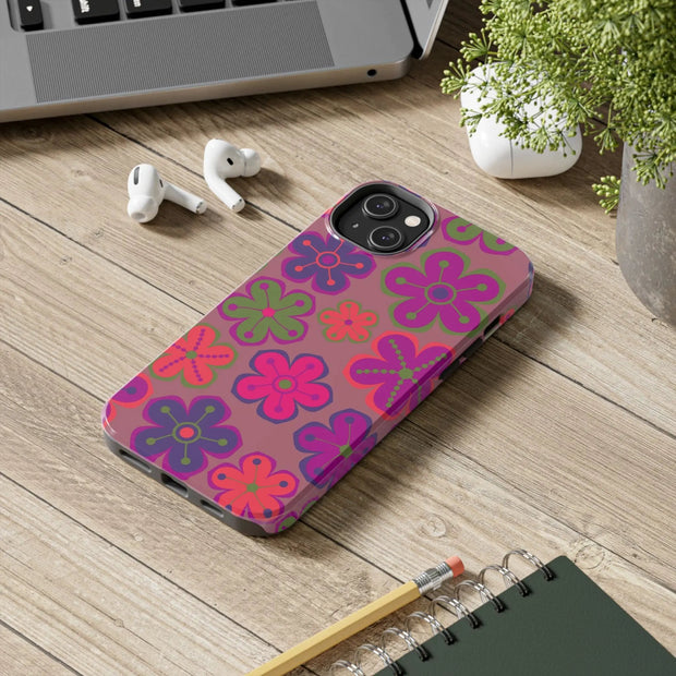 Retro Neon Groovy Flowers Tough Phone Case – 70s Psychedelic Floral Pattern LavenderCeleste