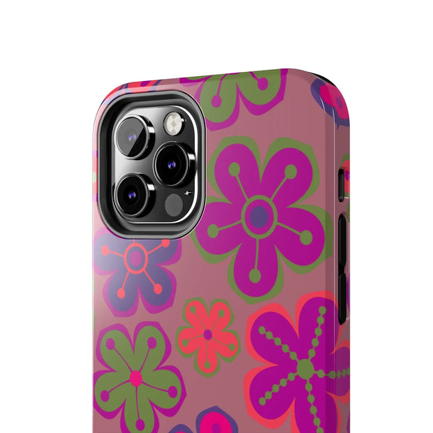 Retro Neon Groovy Flowers Tough Phone Case – 70s Psychedelic Floral Pattern LavenderCeleste