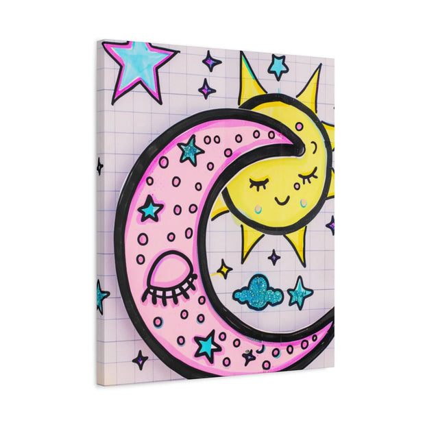 Kawaii Sun and Moon Doodle Matte Canvas Art Print LavenderCeleste