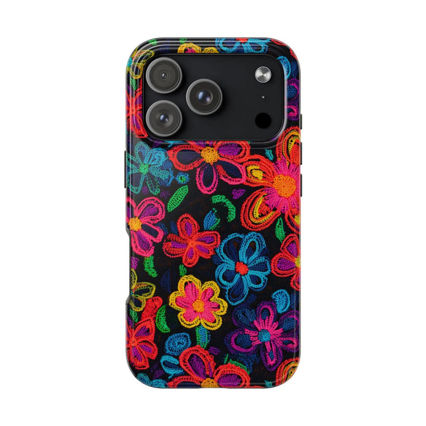 Neon Crochet Floral Tough Phone Case – Vibrant Retro Handmade Pattern Printify