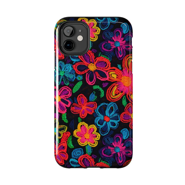 Neon Crochet Floral Tough Phone Case – Vibrant Retro Handmade Pattern Printify