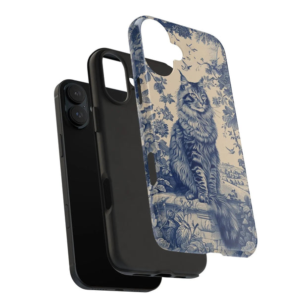 Maine Coon Toile Tough Phone Case – Vintage Blue Floral Cat Pattern - LavenderCeleste
