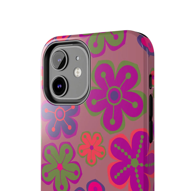 Retro Neon Groovy Flowers Tough Phone Case – 70s Psychedelic Floral Pattern LavenderCeleste