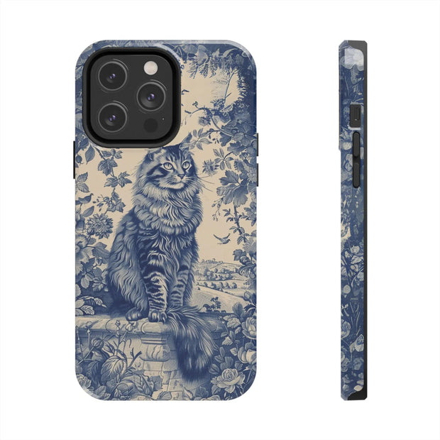 Maine Coon Toile Tough Phone Case – Vintage Blue Floral Cat Pattern - LavenderCeleste