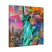 Vibrant New York Collage Matte Canvas – Statue of Liberty Pop Art LavenderCeleste