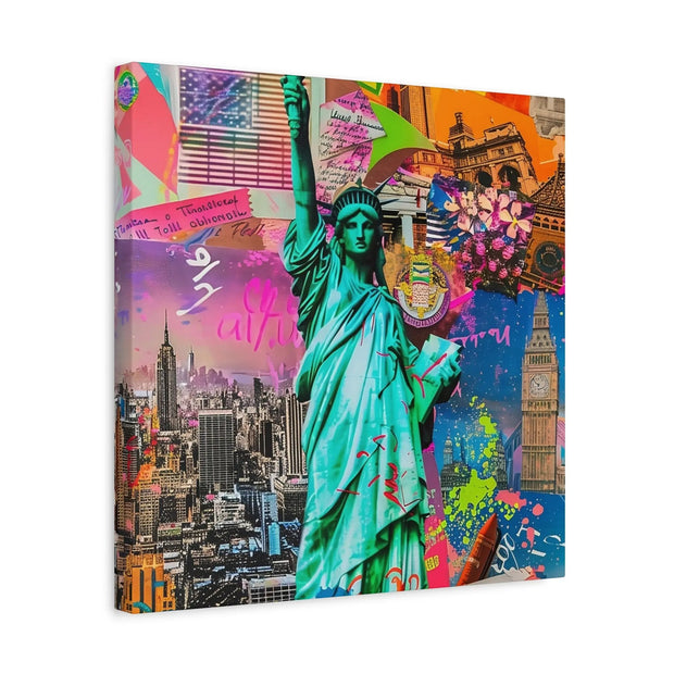 Vibrant New York Collage Matte Canvas – Statue of Liberty Pop Art LavenderCeleste
