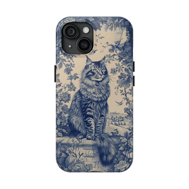 Maine Coon Toile Tough Phone Case – Vintage Blue Floral Cat Pattern - LavenderCeleste