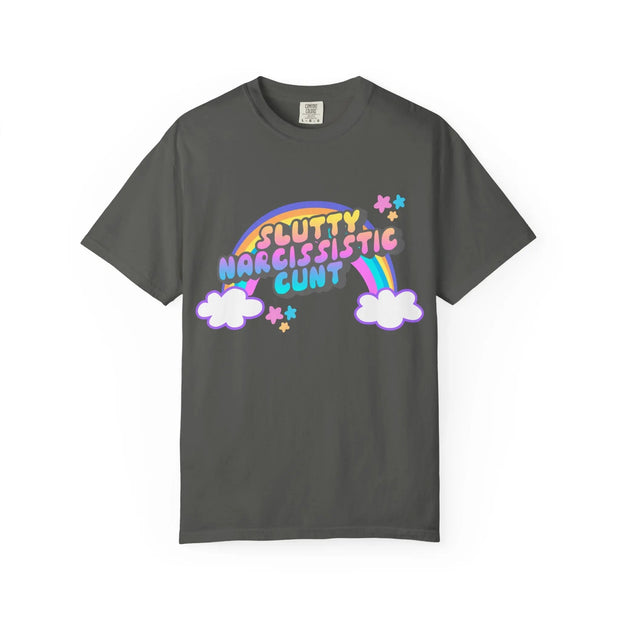 Slutty Narcissistic Cunt Rainbow Typography Comfort Colors Tee LavenderCeleste