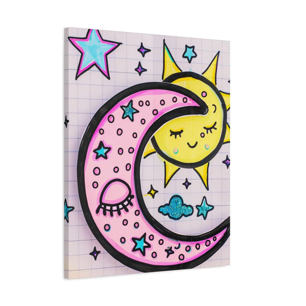 Kawaii Sun and Moon Doodle Matte Canvas Art Print LavenderCeleste