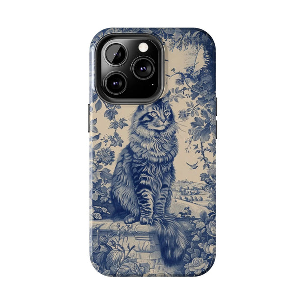Maine Coon Toile Tough Phone Case – Vintage Blue Floral Cat Pattern - LavenderCeleste