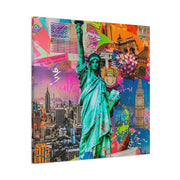 Vibrant New York Collage Matte Canvas – Statue of Liberty Pop Art LavenderCeleste