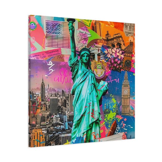 Vibrant New York Collage Matte Canvas – Statue of Liberty Pop Art LavenderCeleste