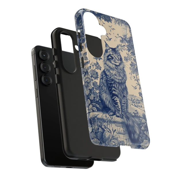 Maine Coon Toile Tough Phone Case – Vintage Blue Floral Cat Pattern - LavenderCeleste