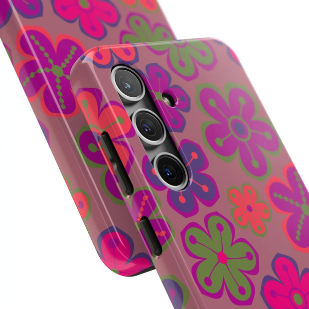 Retro Neon Groovy Flowers Tough Phone Case – 70s Psychedelic Floral Pattern LavenderCeleste