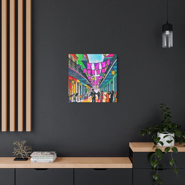 Vibrant New Orleans Jazz Street Matte Canvas – French Quarter Music Scene LavenderCeleste