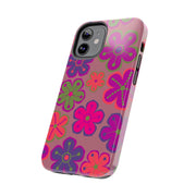 Retro Neon Groovy Flowers Tough Phone Case – 70s Psychedelic Floral Pattern LavenderCeleste