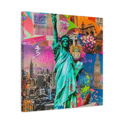 Vibrant New York Collage Matte Canvas – Statue of Liberty Pop Art LavenderCeleste