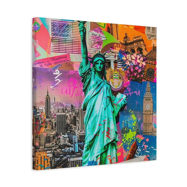 Vibrant New York Collage Matte Canvas – Statue of Liberty Pop Art LavenderCeleste