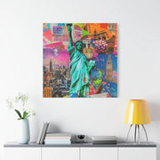Vibrant New York Collage Matte Canvas – Statue of Liberty Pop Art LavenderCeleste