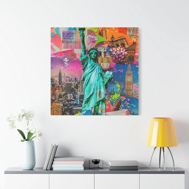 Vibrant New York Collage Matte Canvas – Statue of Liberty Pop Art LavenderCeleste
