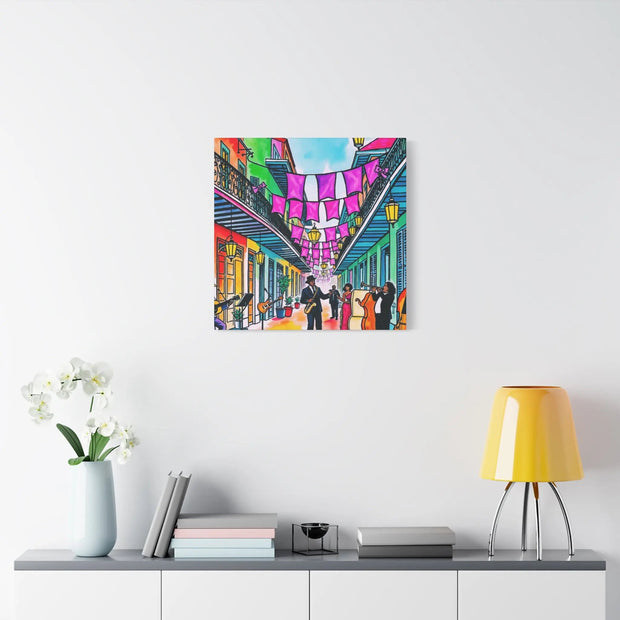 Vibrant New Orleans Jazz Street Matte Canvas – French Quarter Music Scene LavenderCeleste