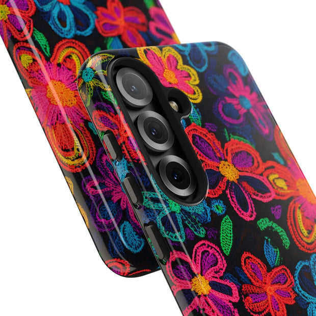 Neon Crochet Floral Tough Phone Case – Vibrant Retro Handmade Pattern LavenderCeleste