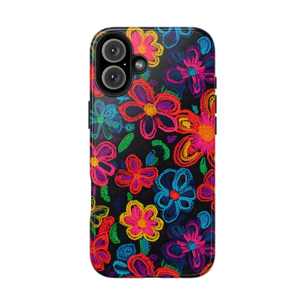 Neon Crochet Floral Tough Phone Case – Vibrant Retro Handmade Pattern Printify