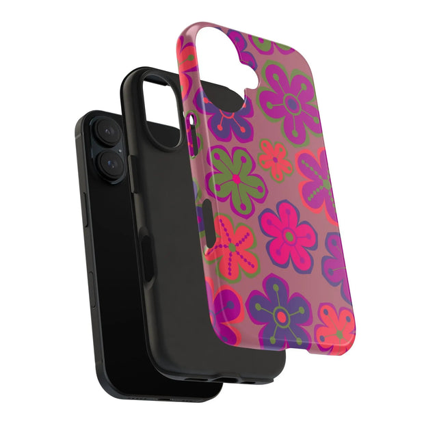 Retro Neon Groovy Flowers Tough Phone Case – 70s Psychedelic Floral Pattern LavenderCeleste