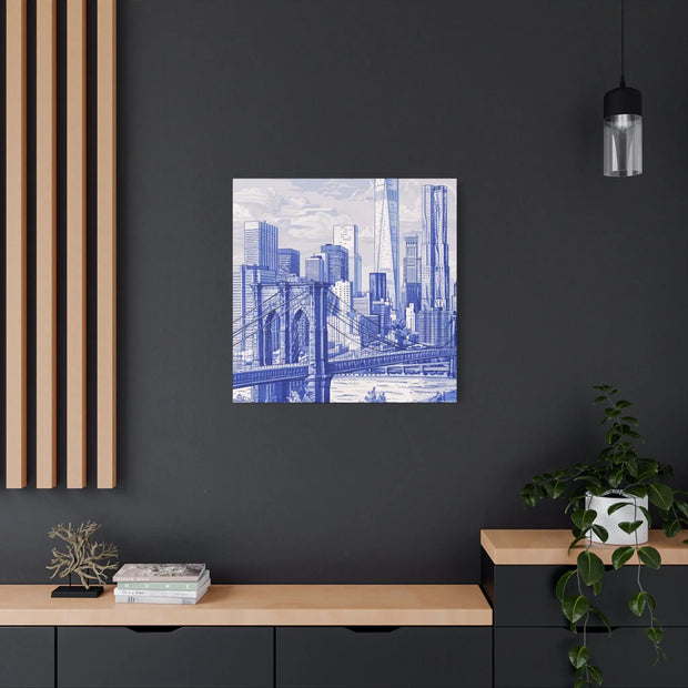 New York City Toile Art – Blue Scenic Skyline Matte Canvas LavenderCeleste