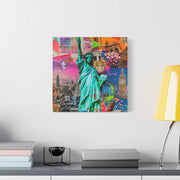 Vibrant New York Collage Matte Canvas – Statue of Liberty Pop Art LavenderCeleste