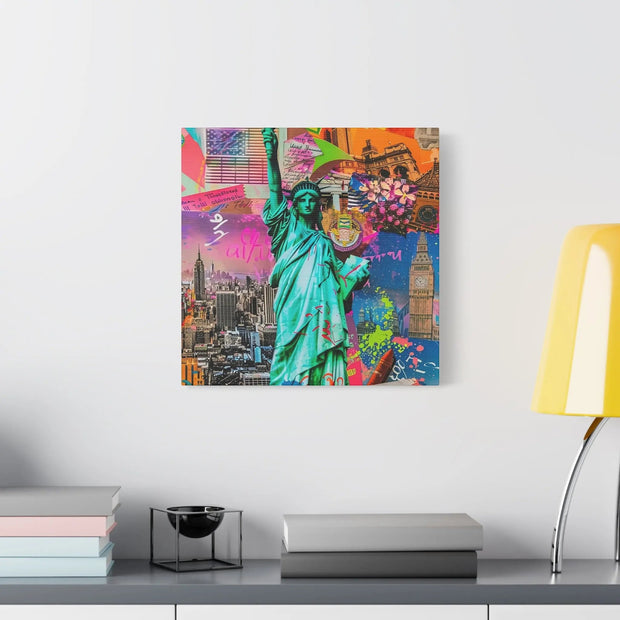 Vibrant New York Collage Matte Canvas – Statue of Liberty Pop Art LavenderCeleste