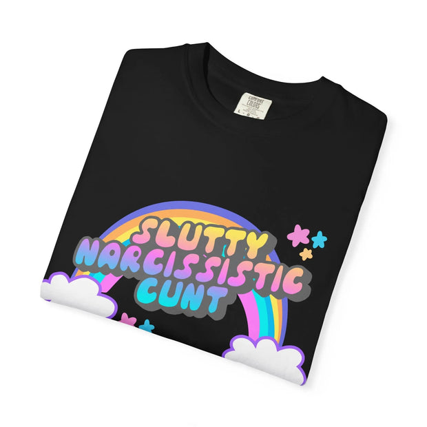 Slutty Narcissistic Cunt Rainbow Typography Comfort Colors Tee LavenderCeleste