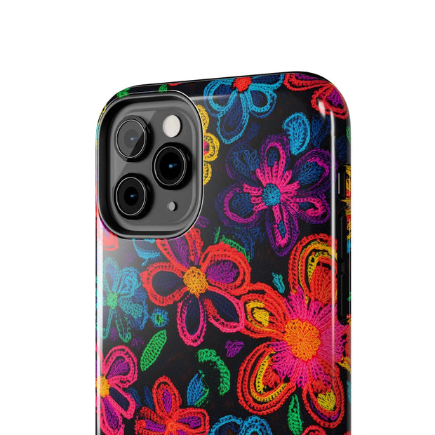 Neon Crochet Floral Tough Phone Case – Vibrant Retro Handmade Pattern Printify