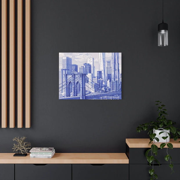 New York City Toile Art – Blue Scenic Skyline Matte Canvas Printify