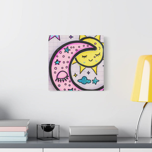 Kawaii Sun and Moon Doodle Matte Canvas Art Print LavenderCeleste
