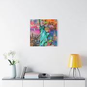 Vibrant New York Collage Matte Canvas – Statue of Liberty Pop Art LavenderCeleste
