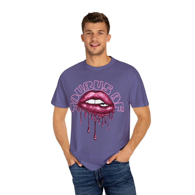 Taurus AF Glitter Lips Zodiac Comfort Colors Tee LavenderCeleste