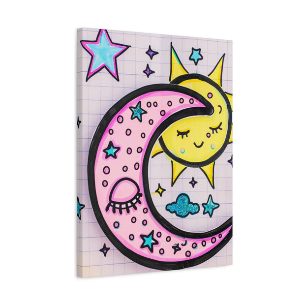 Kawaii Sun and Moon Doodle Matte Canvas Art Print LavenderCeleste