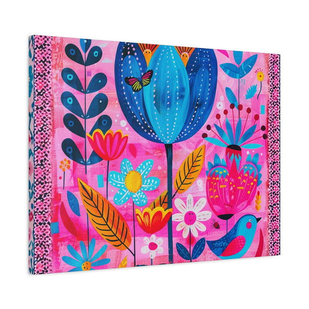 Whimsical Pink Blue Floral Matte Canvas Art - LavenderCeleste