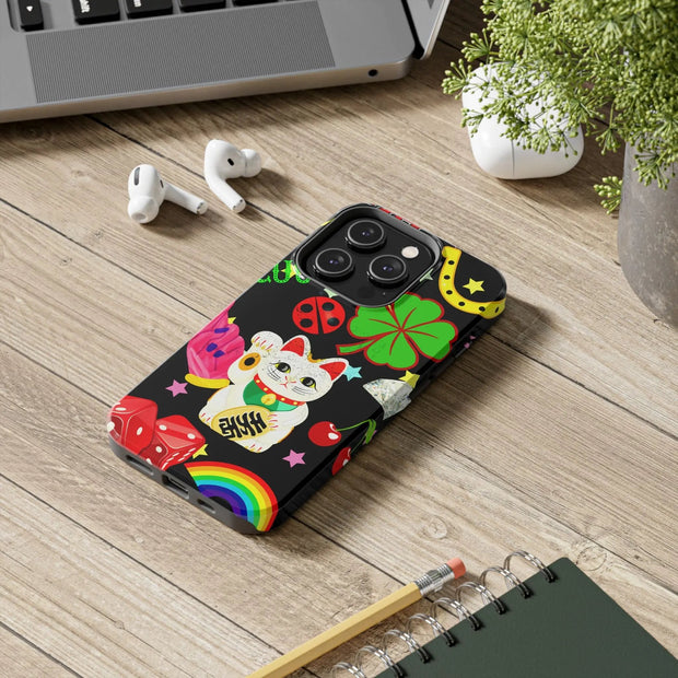 Lucky Symbols Tough Phone Case – 777 Dice Rainbow Maneki Neko Design - LavenderCeleste