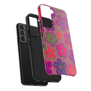Retro Neon Groovy Flowers Tough Phone Case – 70s Psychedelic Floral Pattern LavenderCeleste