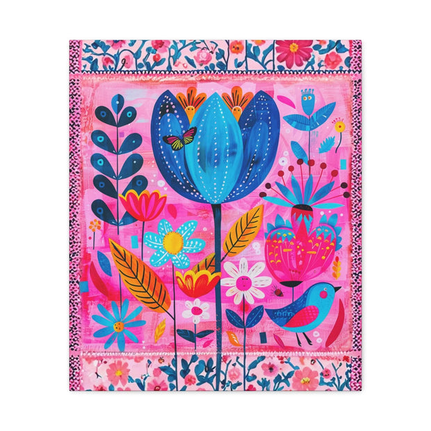 Whimsical Pink Blue Floral Matte Canvas Art - LavenderCeleste