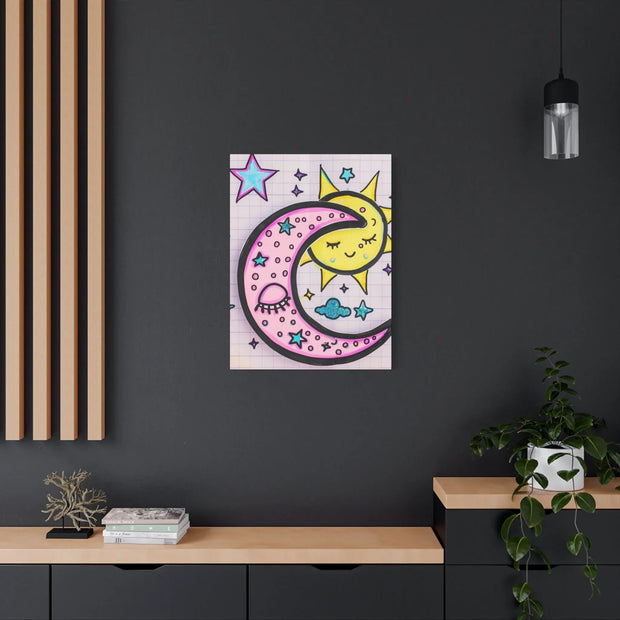 Kawaii Sun and Moon Doodle Matte Canvas Art Print LavenderCeleste