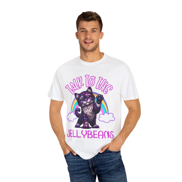 Talk to the Jellybeans Rainbow Cat Comfort Colors Tee LavenderCeleste