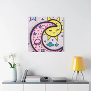 Kawaii Sun and Moon Doodle Matte Canvas Art Print LavenderCeleste
