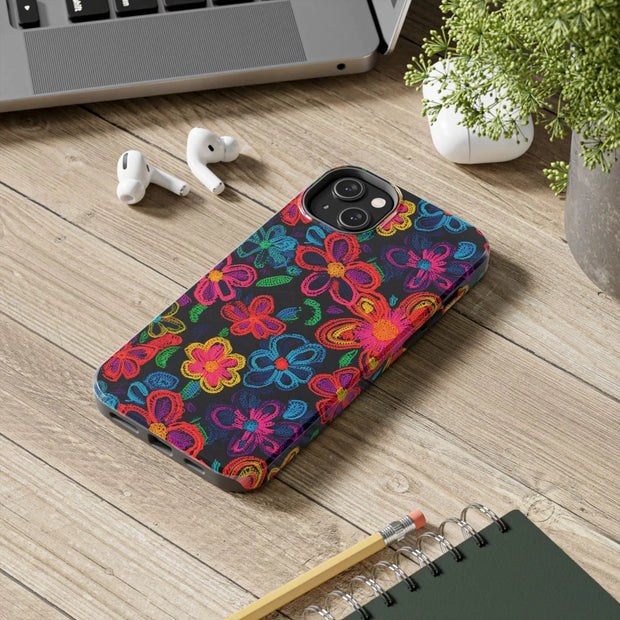 Neon Crochet Floral Tough Phone Case – Vibrant Retro Handmade Pattern Printify