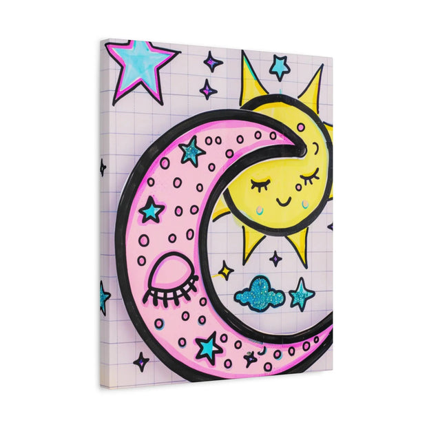Kawaii Sun and Moon Doodle Matte Canvas Art Print LavenderCeleste