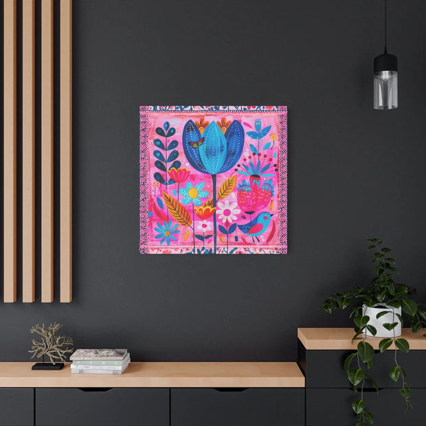 Whimsical Pink Blue Floral Matte Canvas Art LavenderCeleste